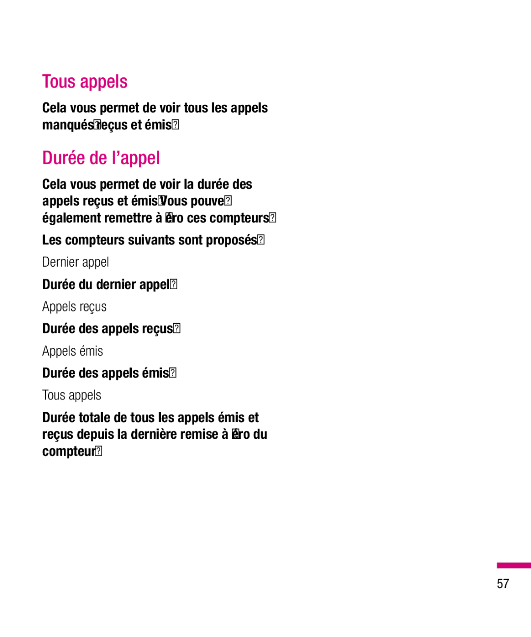 LG Electronics TU330 manual Tous appels, Durée de l’appel 