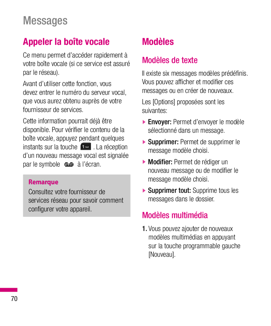 LG Electronics TU330 manual Appeler la boîte vocale, Modèles de texte, Modèles multimédia, Par le symbole 