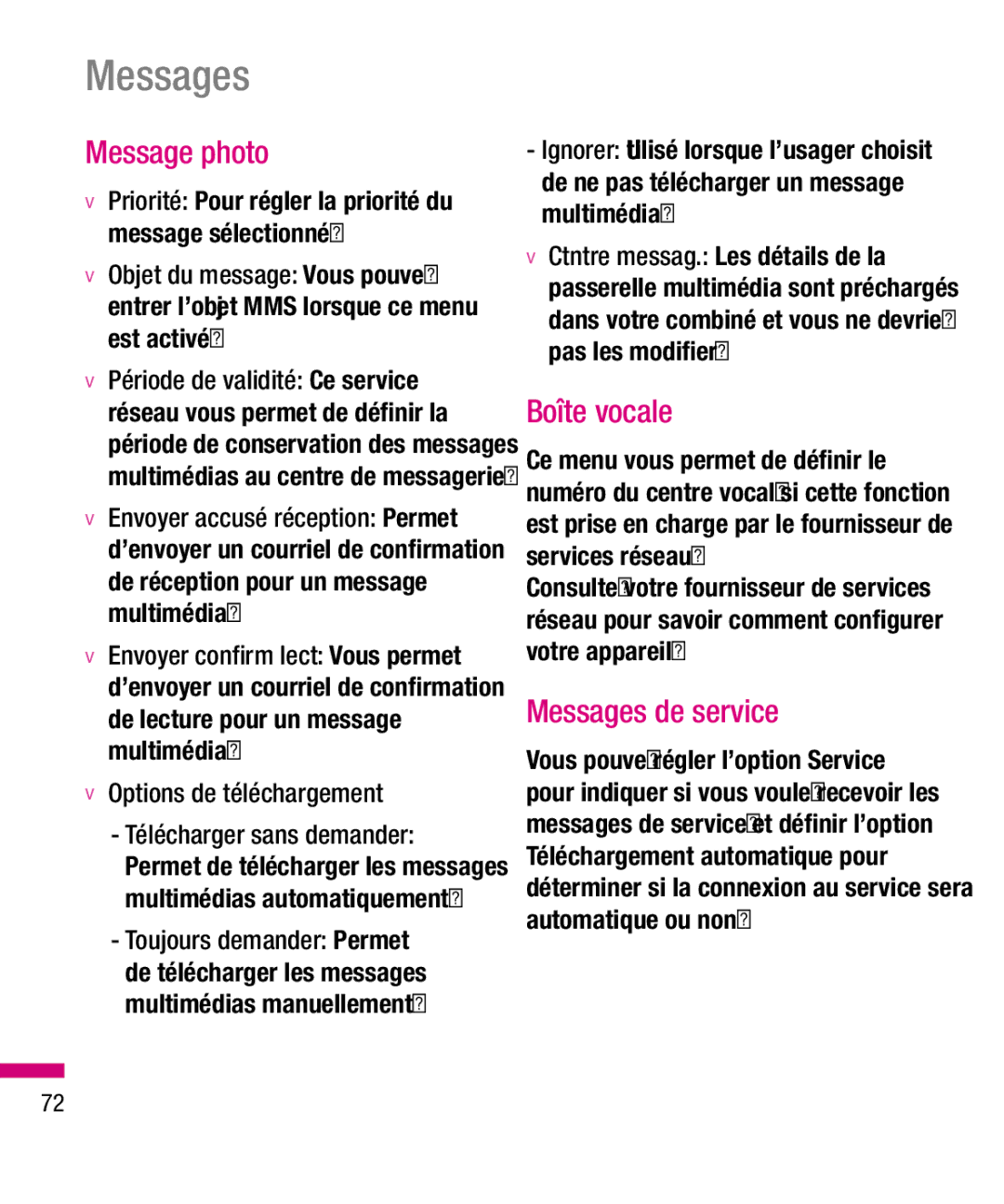 LG Electronics TU330 manual Message photo, Boîte vocale, Messages de service, Options de téléchargement 