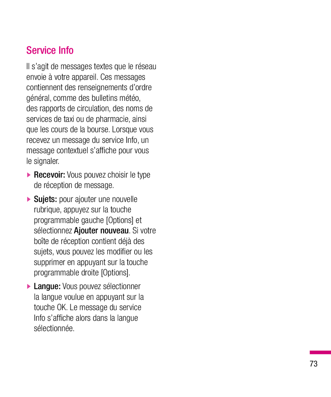 LG Electronics TU330 manual Service Info, Recevoir Vous pouvez choisir le type de réception de message 