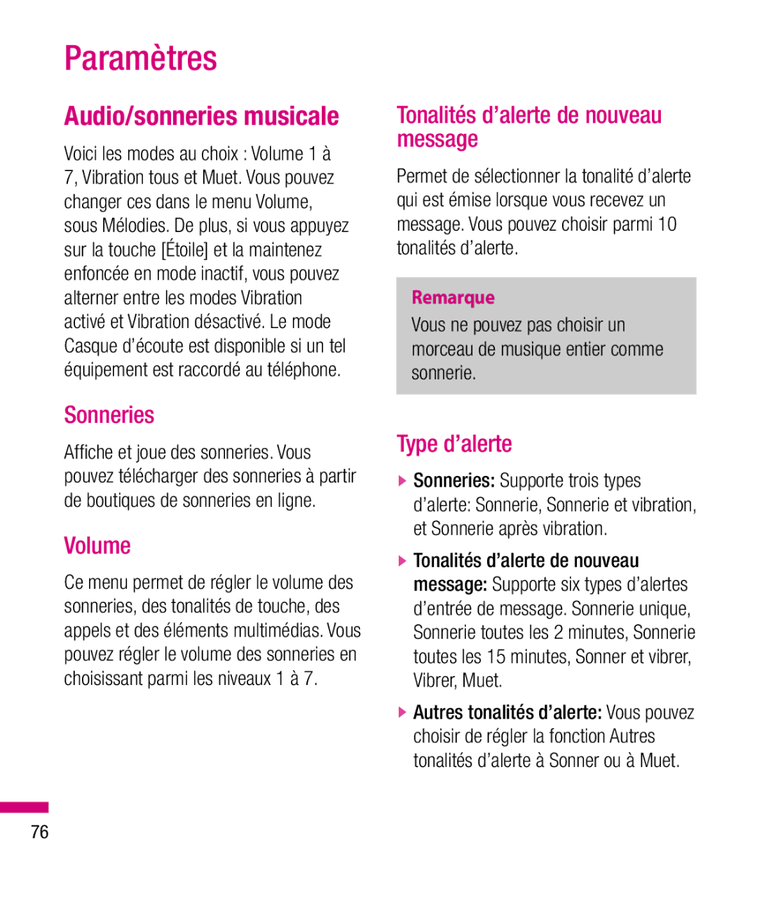 LG Electronics TU330 Paramètres, Audio/sonneries musicale, Sonneries, Tonalités d’alerte de nouveau message, Type d’alerte 