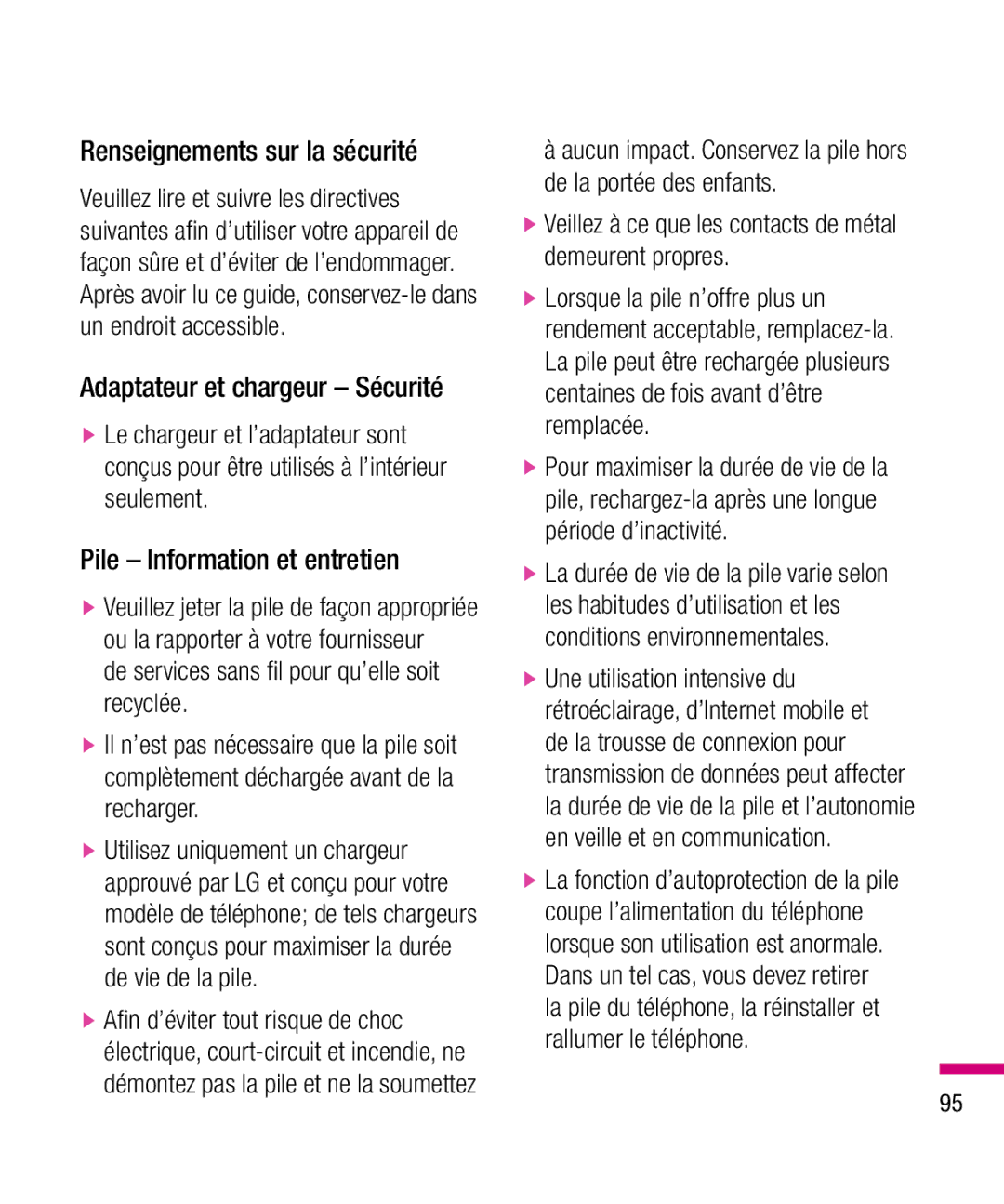 LG Electronics TU330 manual Renseignements sur la sécurité, Adaptateur et chargeur Sécurité, Pile Information et entretien 