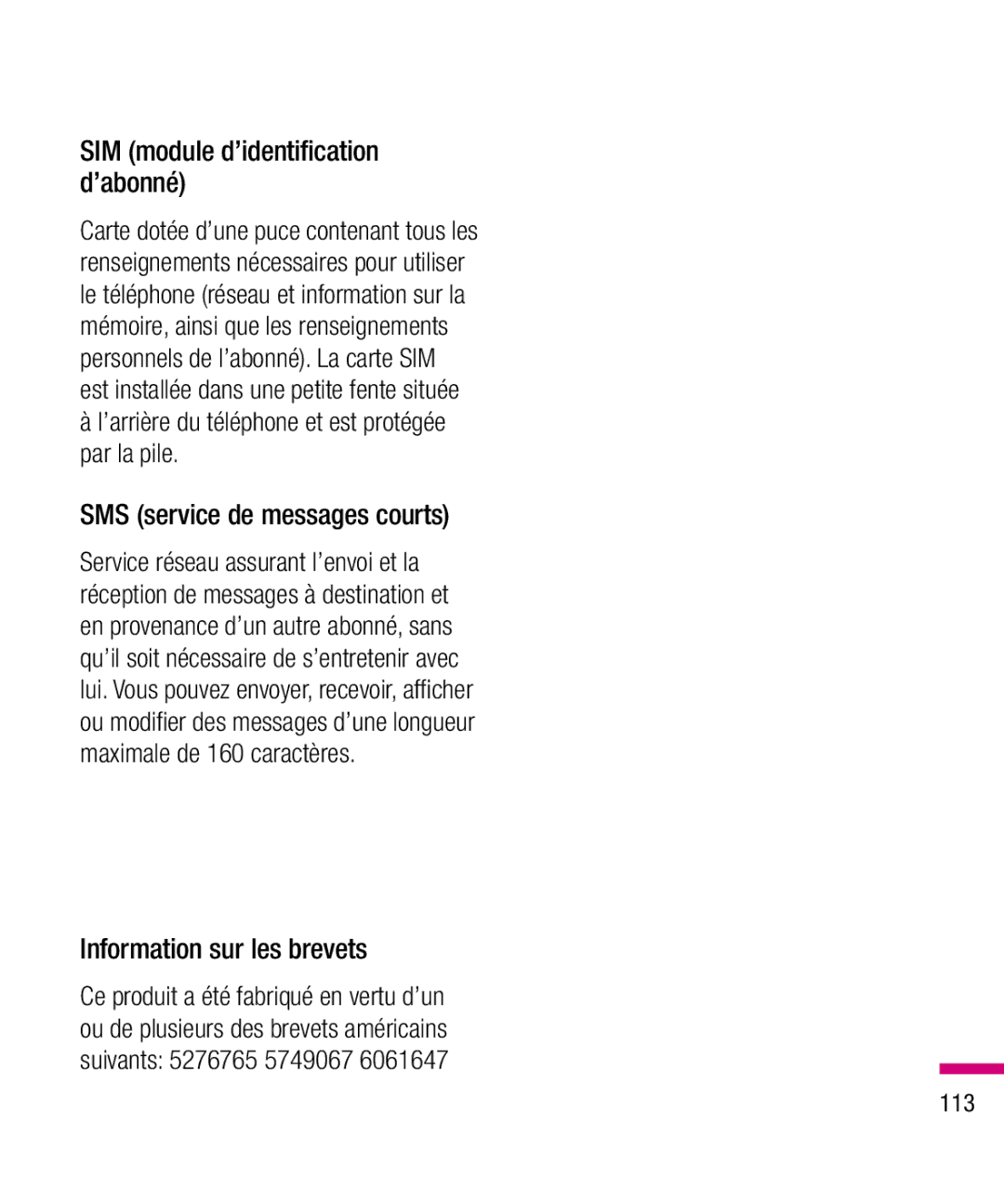 LG Electronics TU330 SMS service de messages courts, Information sur les brevets, SIM module d’identification d’abonné 