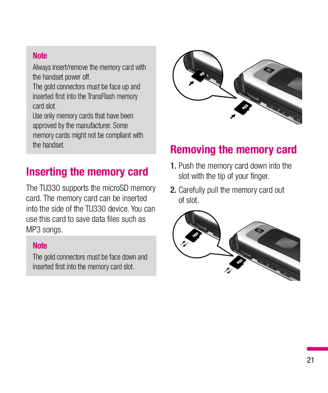 LG Electronics TU330 manual Inserting the memory card, Removing the memory card, Carefully pull the memory card out of slot 