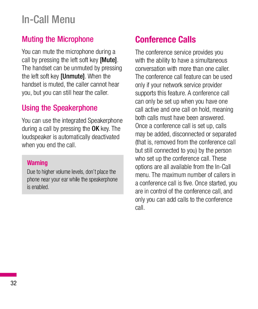 LG Electronics TU330 manual In-Call Menu, Conference Calls, Muting the Microphone, Using the Speakerphone 