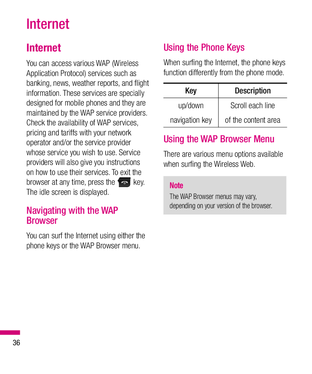 LG Electronics TU330 manual Internet, Navigating with the WAP Browser, Using the Phone Keys, Using the WAP Browser Menu 