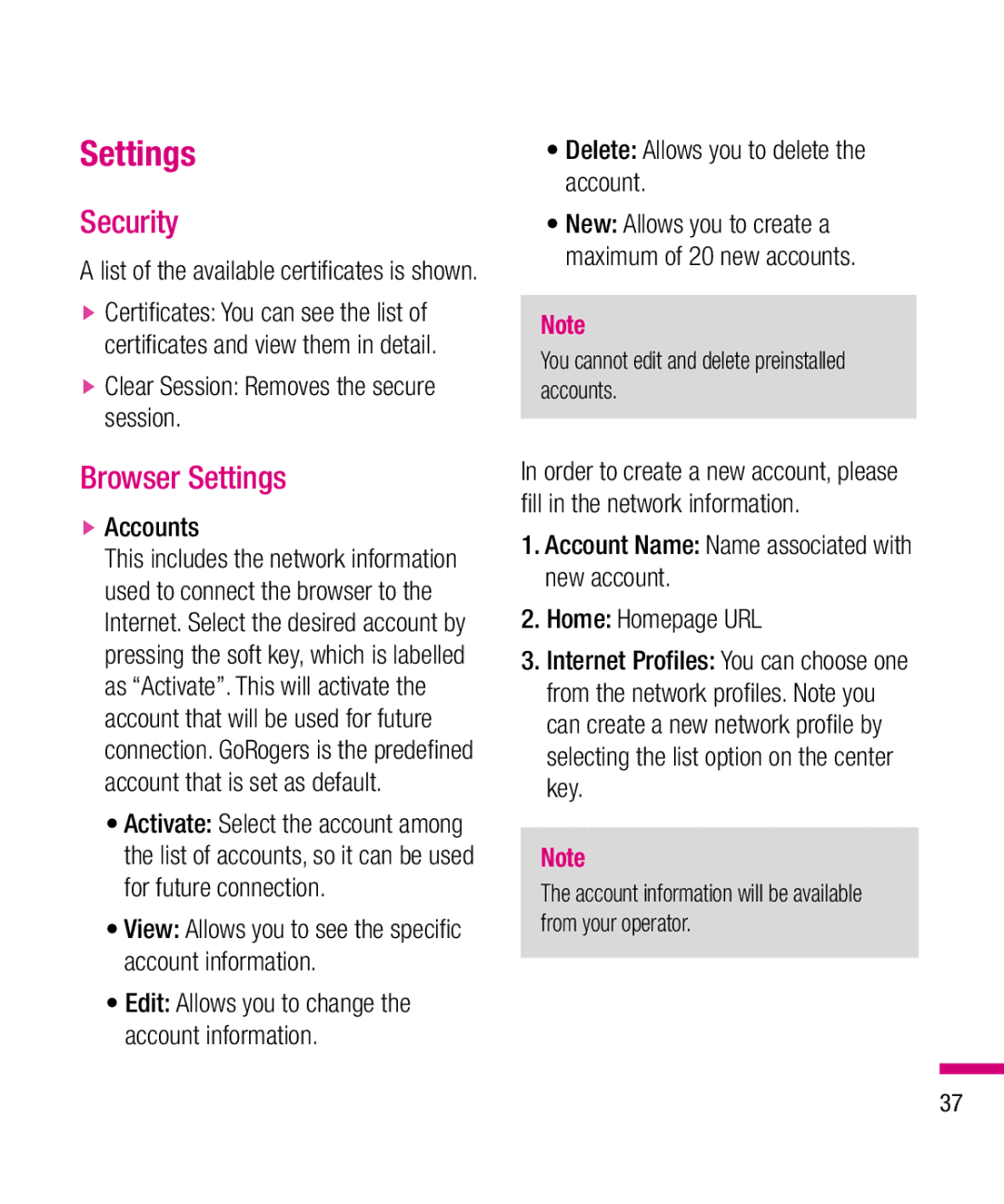 LG Electronics TU330 manual Security, Browser Settings 