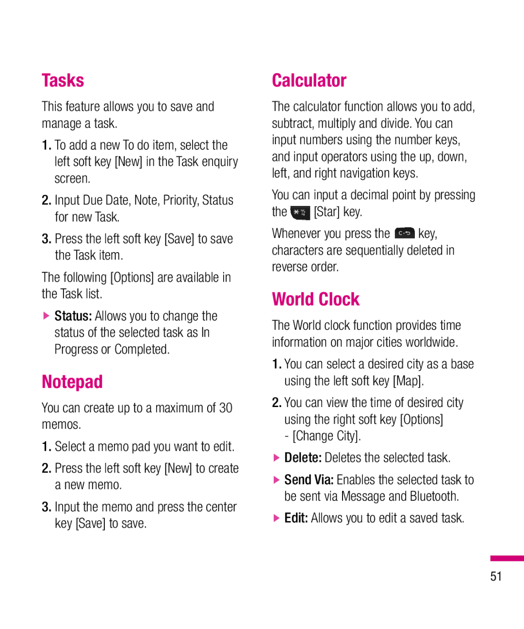 LG Electronics TU330 manual Tasks, Calculator, World Clock 