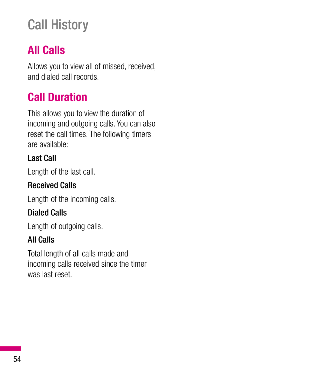 LG Electronics TU330 manual Call History, All Calls, Call Duration 