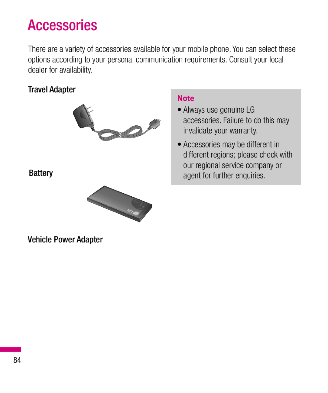 LG Electronics TU330 manual Accessories, Travel Adapter Battery, Vehicle Power Adapter 