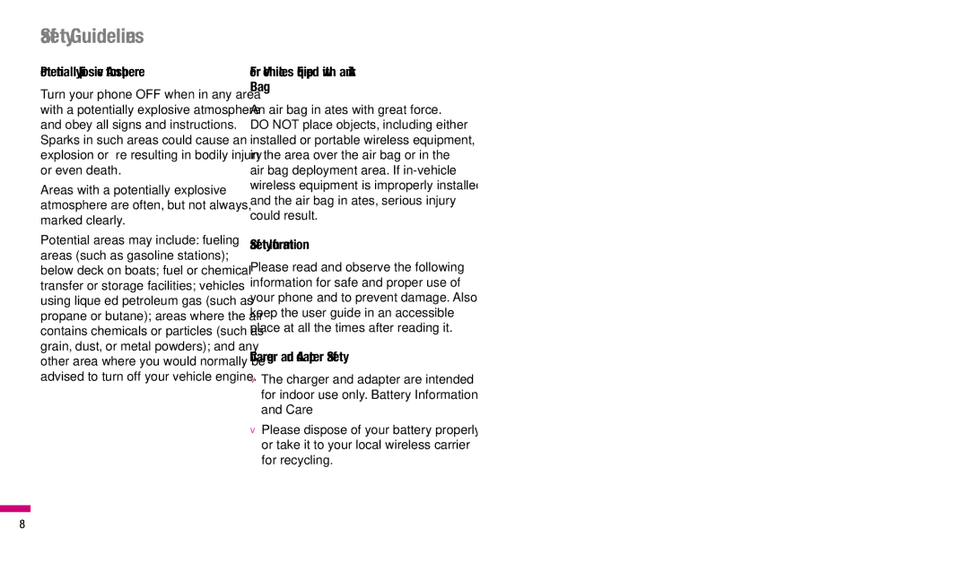 LG Electronics TU330 manual Potentially Explosive Atmosphere, For Vehicles Equipped with an Air Bag, Safety Information 