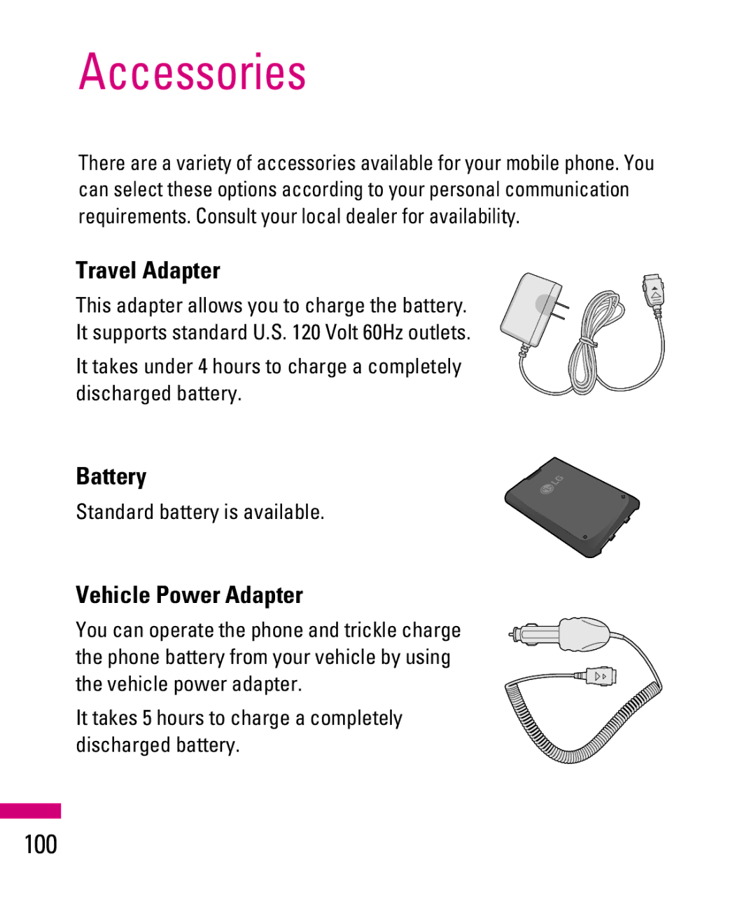 LG Electronics TU500F manual Accessories, 100, Travel Adapter, Battery, Vehicle Power Adapter 