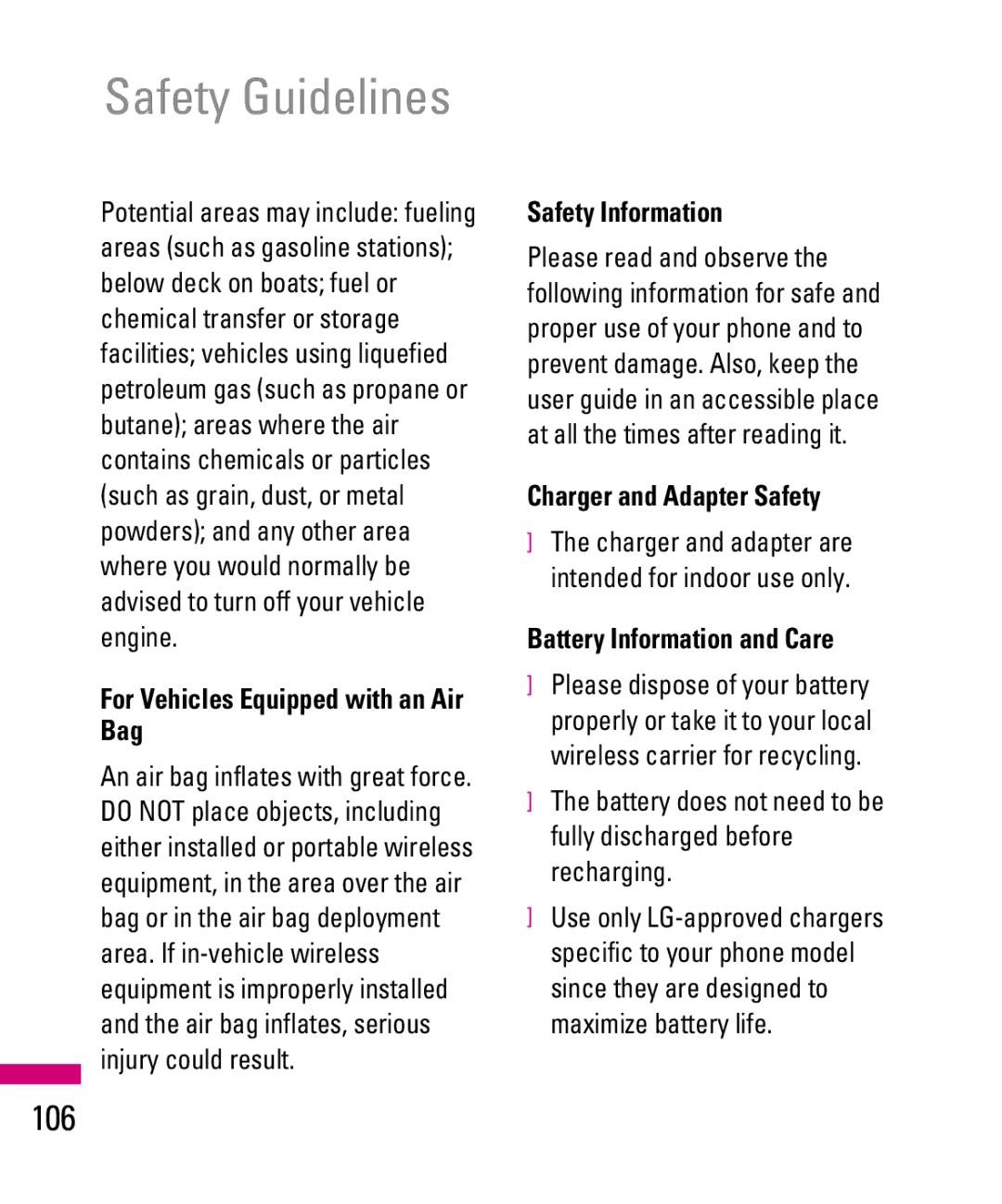 LG Electronics TU500F manual 106, For Vehicles Equipped with an Air Bag, Safety Information, Charger and Adapter Safety 
