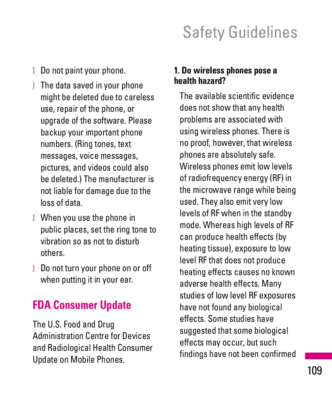 LG Electronics TU500F manual FDA Consumer Update, 109, Do not paint your phone, Do wireless phones pose a health hazard? 