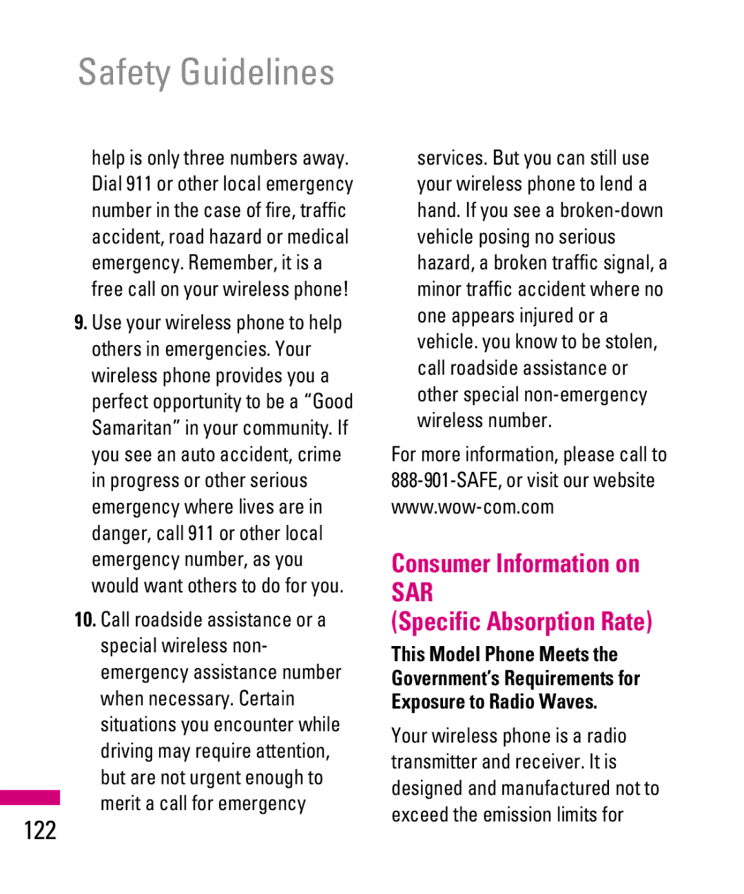 LG Electronics TU500F manual 122, Consumer Information on, Specific Absorption Rate, Merit a call for emergency 