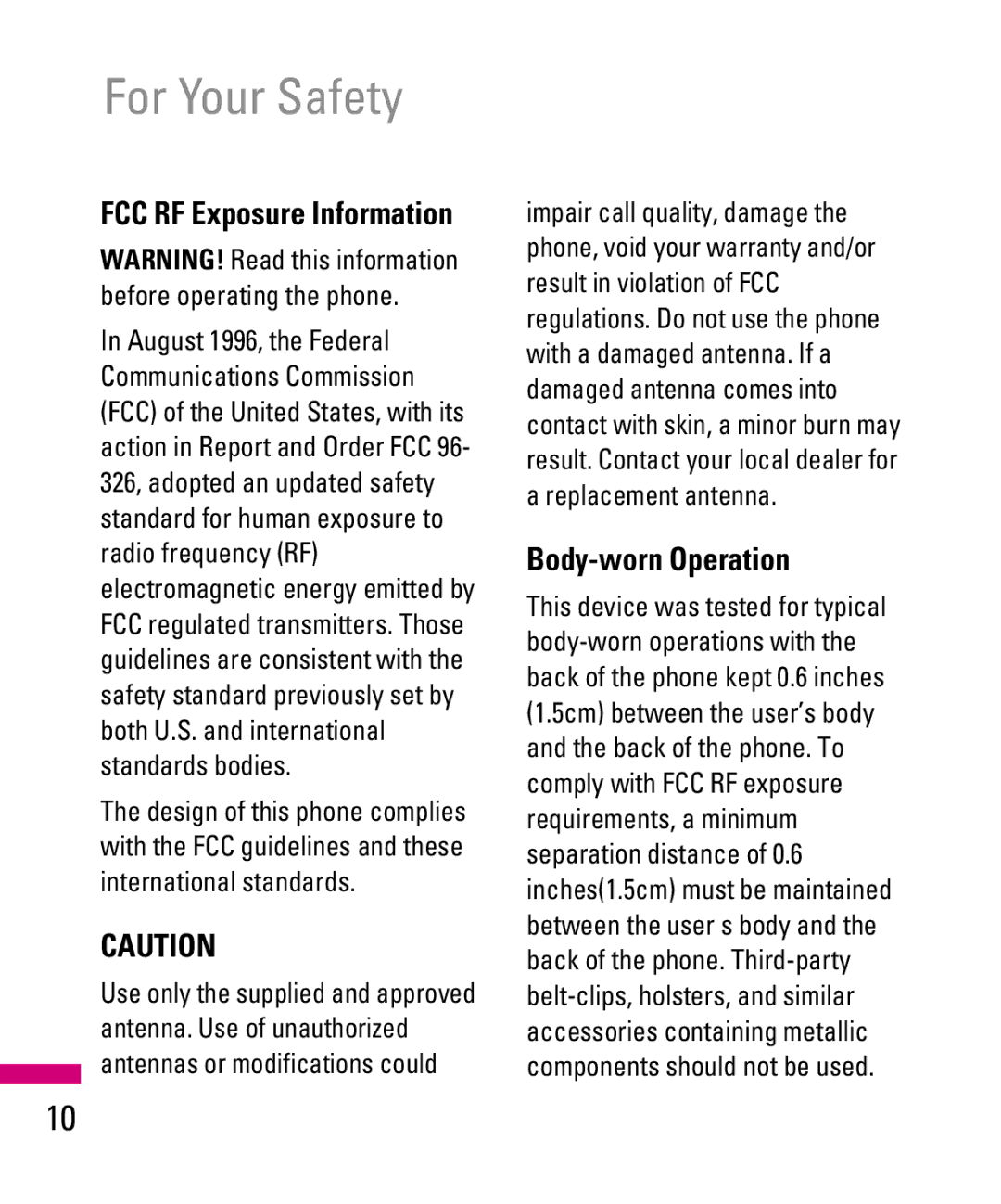 LG Electronics TU500F manual Body-worn Operation, FCC RF Exposure Information 