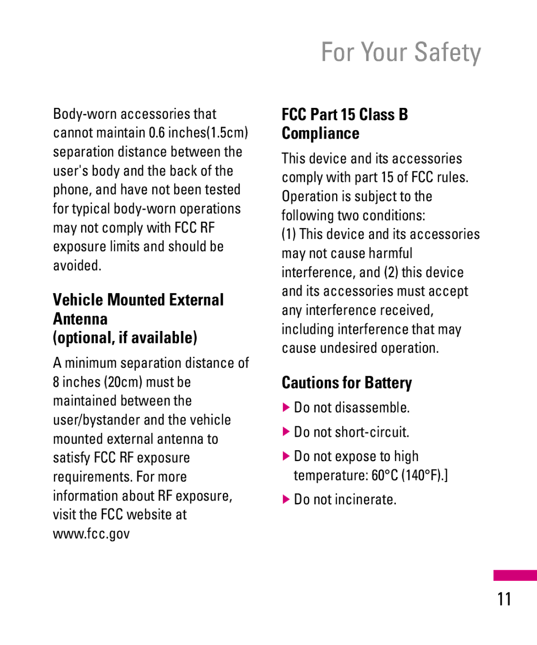 LG Electronics TU500F manual Vehicle Mounted External Antenna Optional, if available, FCC Part 15 Class B Compliance 