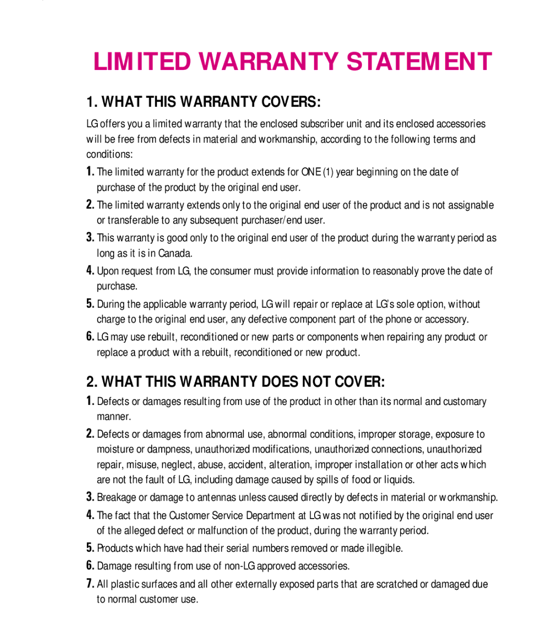 LG Electronics TU500F manual Limited Warranty Statement 