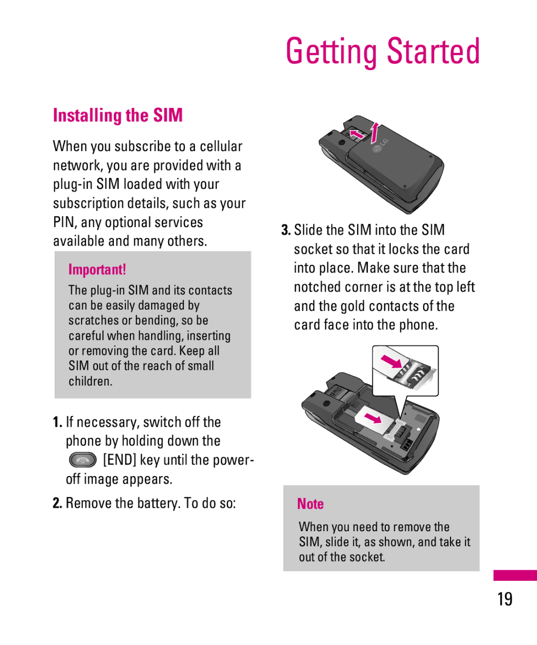 LG Electronics TU500F manual Getting Started, Installing the SIM 