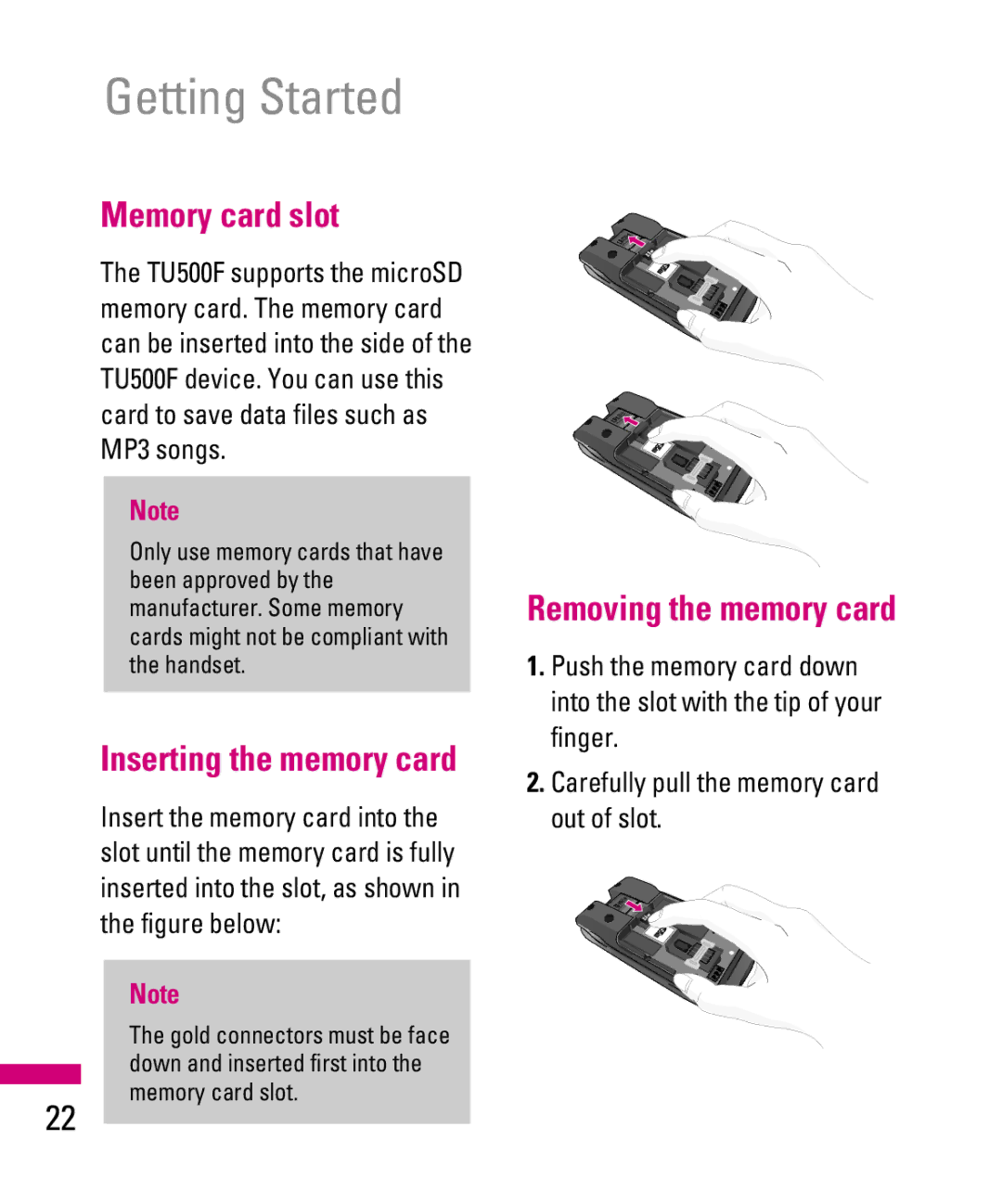 LG Electronics TU500F manual Memory card slot, Removing the memory card, Inserting the memory card 