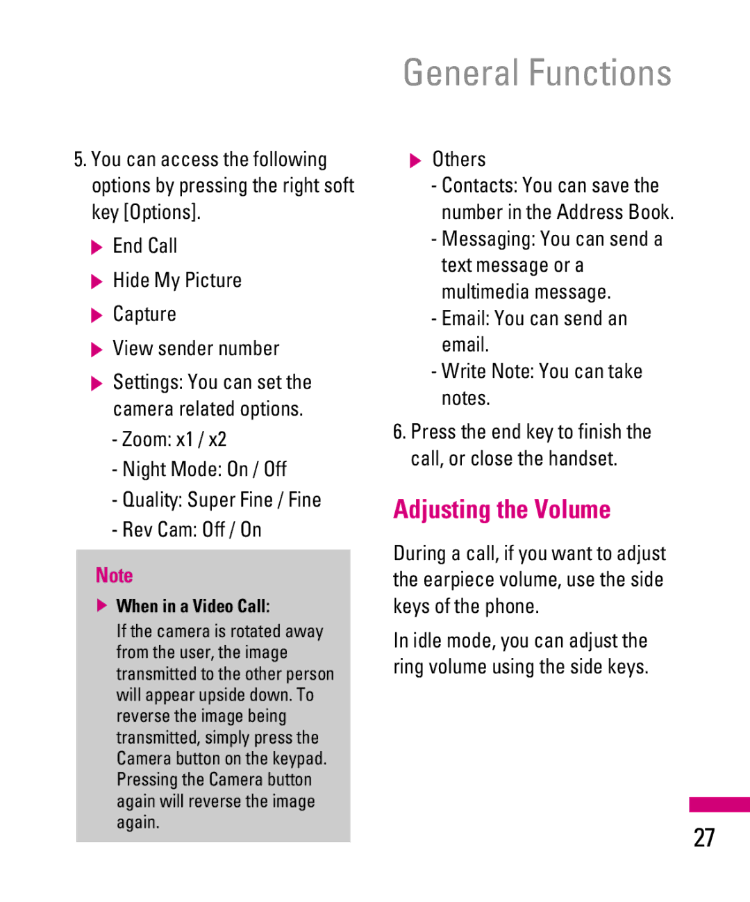 LG Electronics TU500F manual Adjusting the Volume, End Call Hide My Picture Capture View sender number, Others 