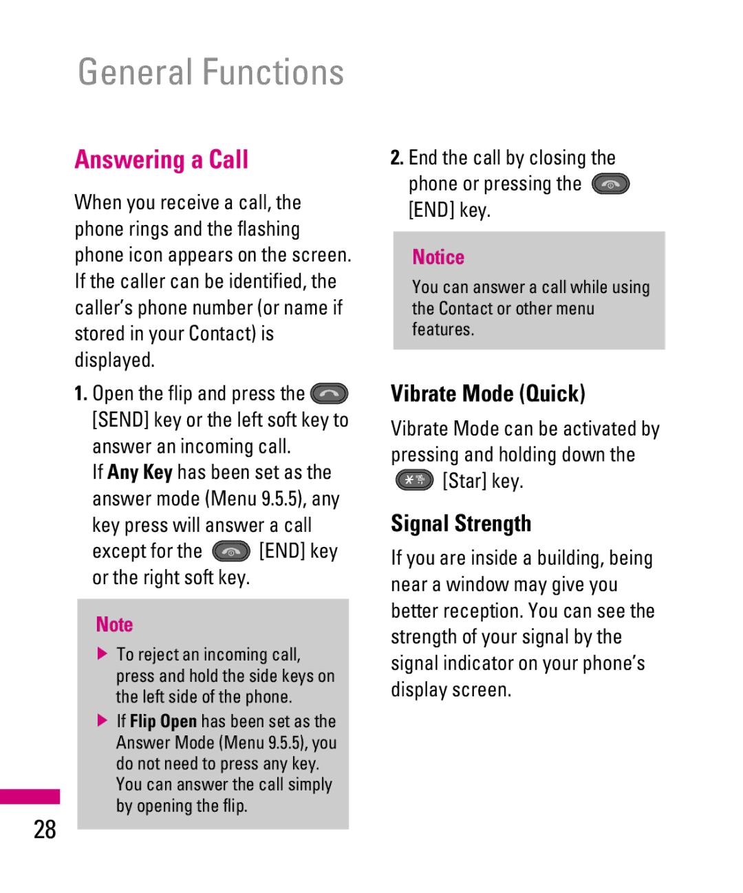 LG Electronics TU500F Answering a Call, Vibrate Mode Quick, Signal Strength, Except for the END key or the right soft key 