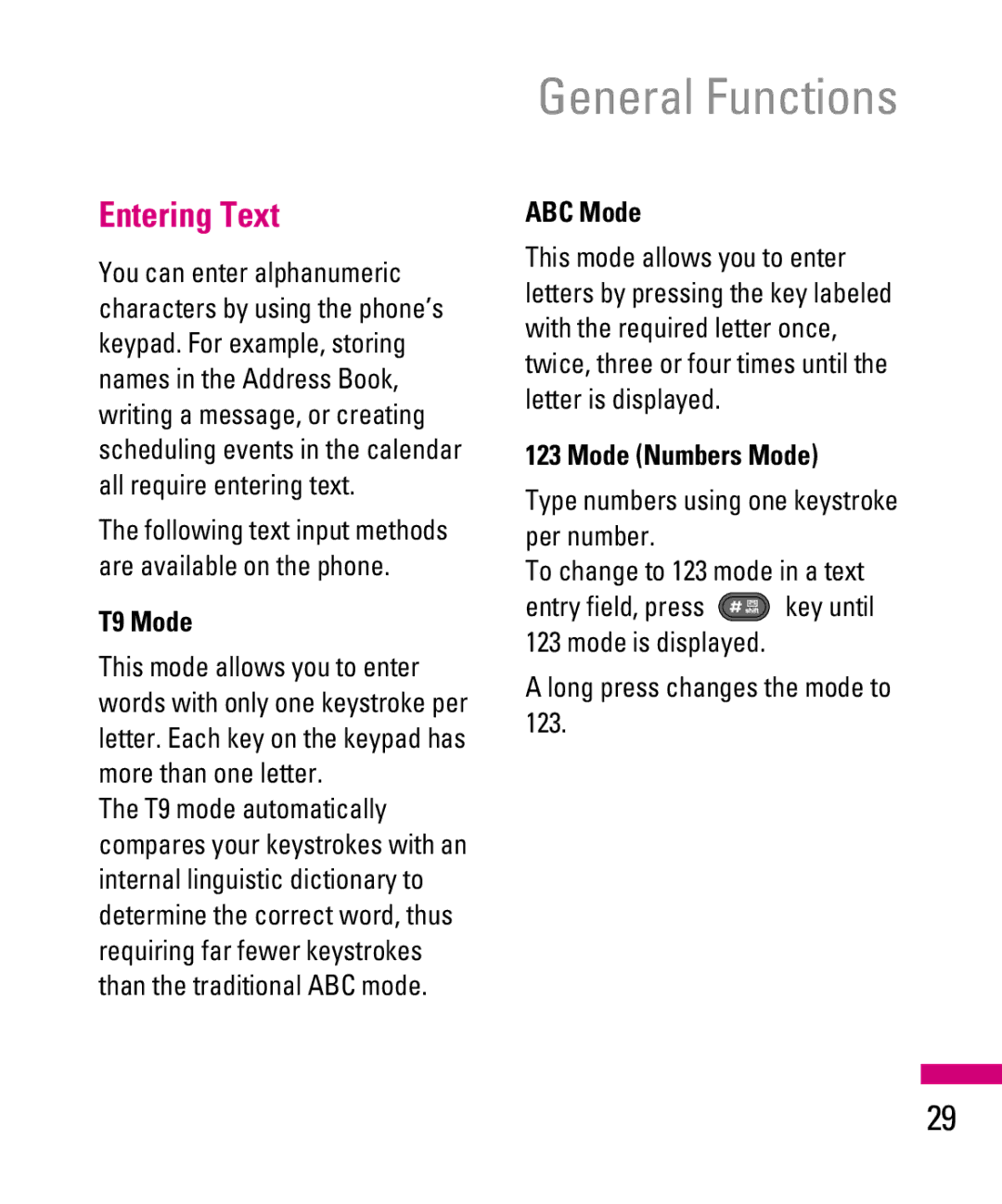 LG Electronics TU500F manual Entering Text, T9 Mode, ABC Mode, Mode Numbers Mode 