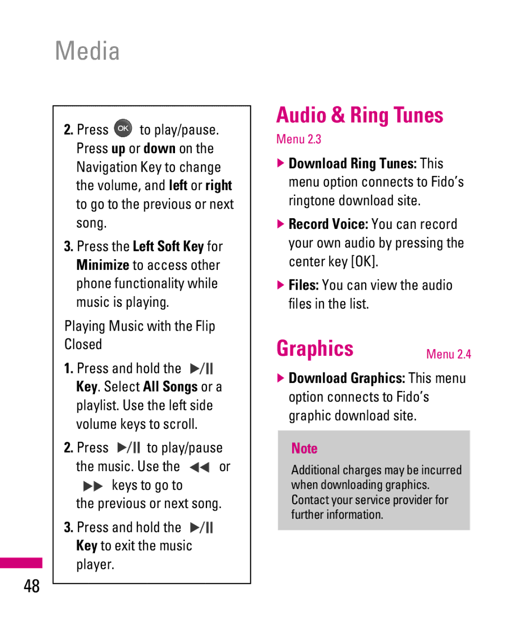 LG Electronics TU500F manual Audio & Ring Tunes, Graphics, Playing Music with the Flip Closed, Player 