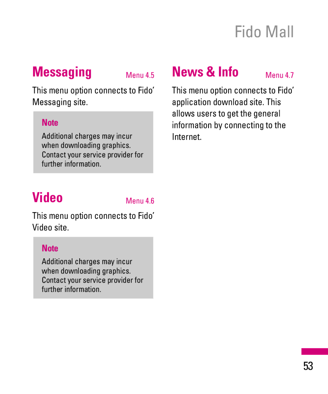 LG Electronics TU500F manual Fido Mall, News & Info, This menu option connects to Fido’ Messaging site 