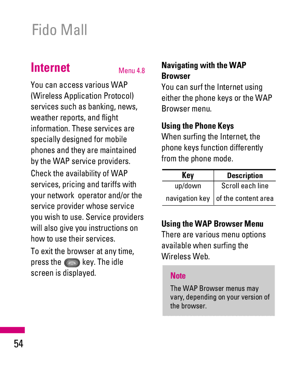 LG Electronics TU500F manual Internet, Navigating with the WAP Browser, Using the Phone Keys, Using the WAP Browser Menu 