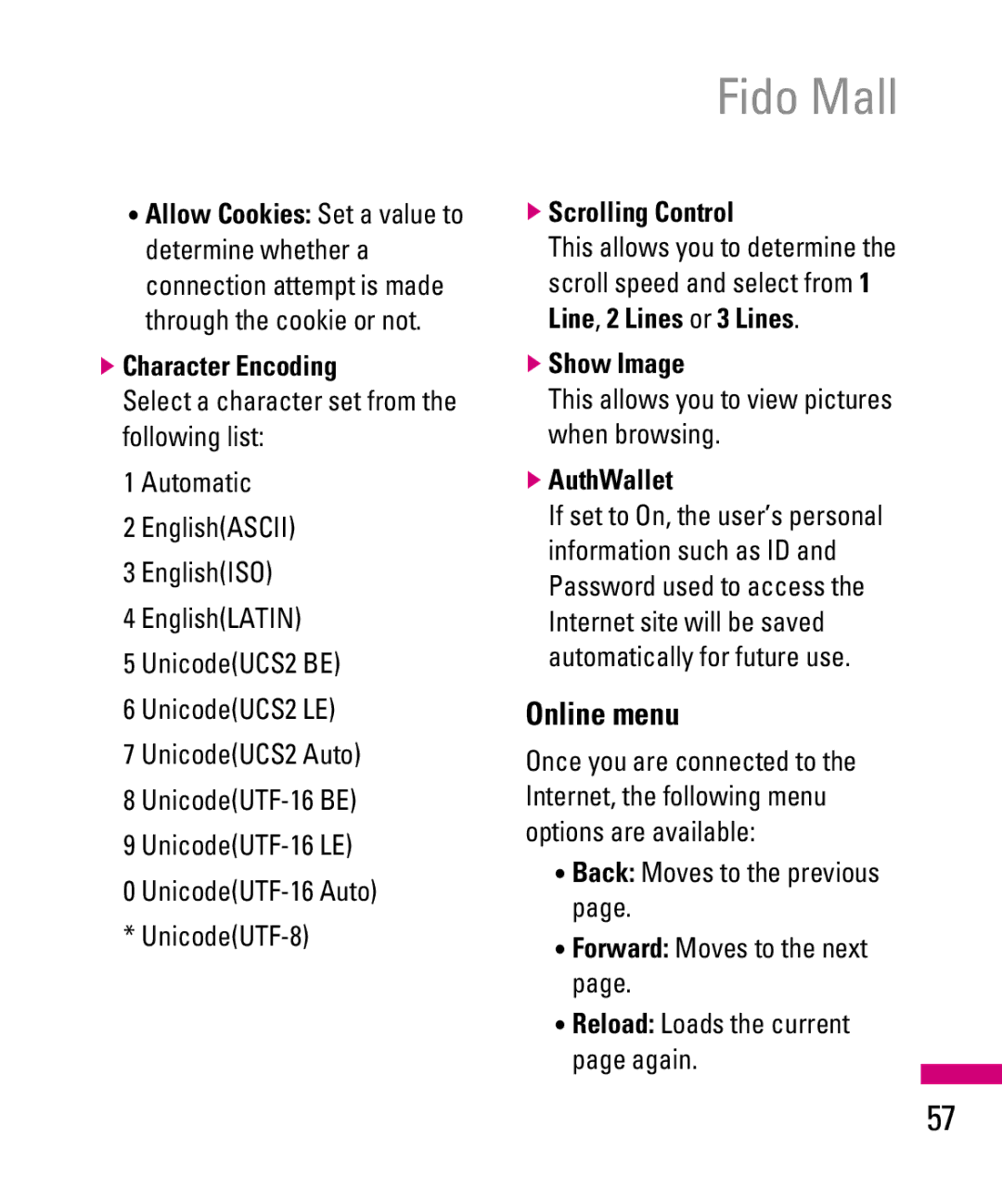 LG Electronics TU500F manual Online menu, Character Encoding, Scrolling Control, Show Image, AuthWallet 