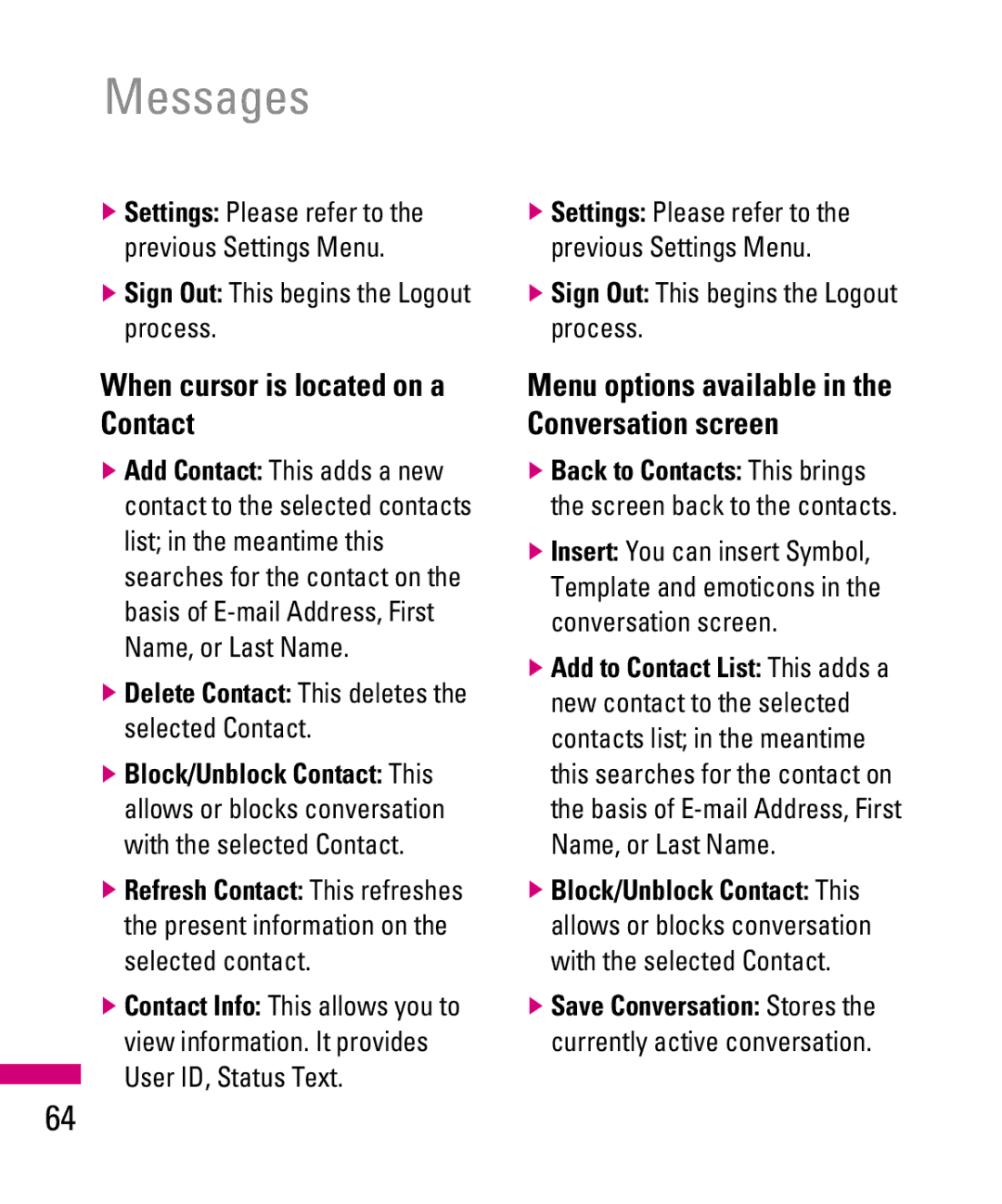 LG Electronics TU500F manual When cursor is located on a Contact, Menu options available in the Conversation screen 