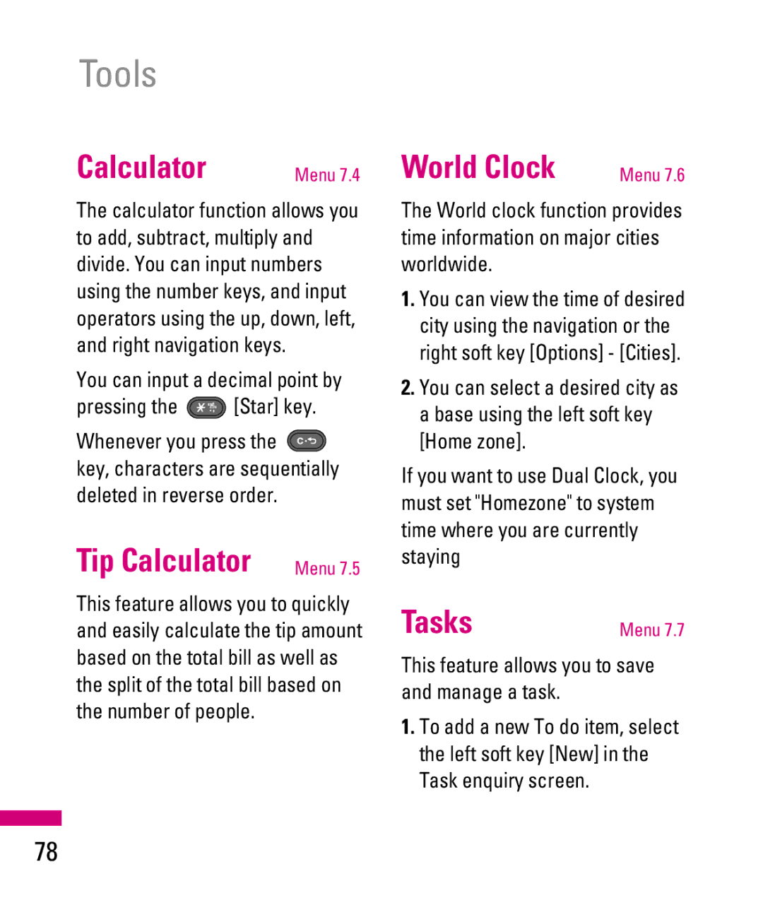 LG Electronics TU500F manual Tip Calculator, World Clock, Tasks, This feature allows you to save and manage a task 