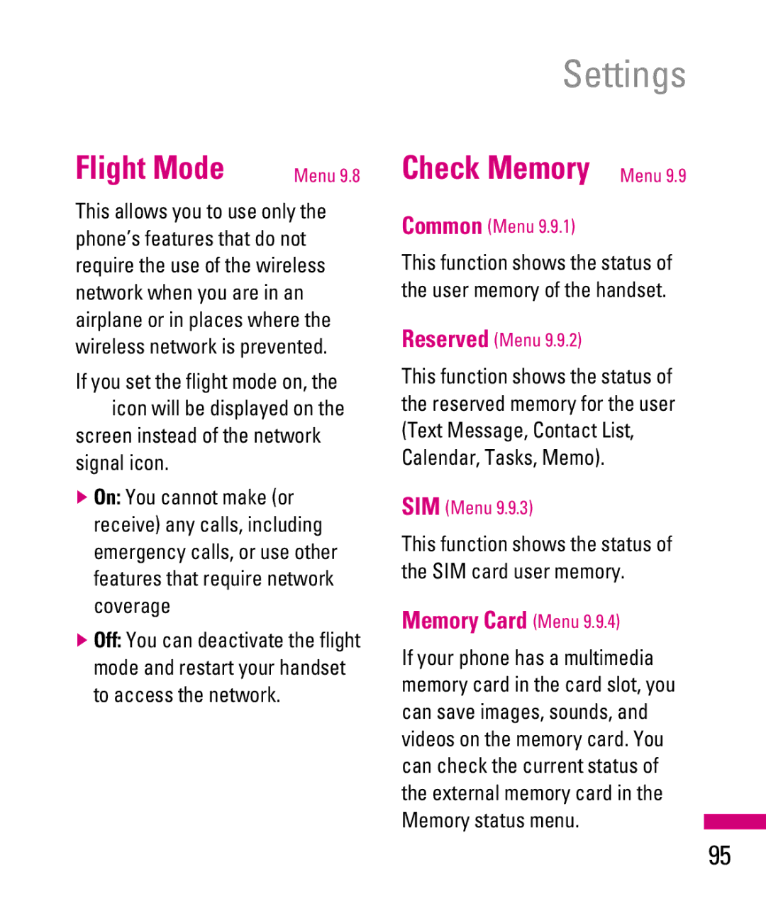 LG Electronics TU500F manual Flight Mode, Check Memory Menu, Memory Card Menu, Screen instead of the network signal icon 