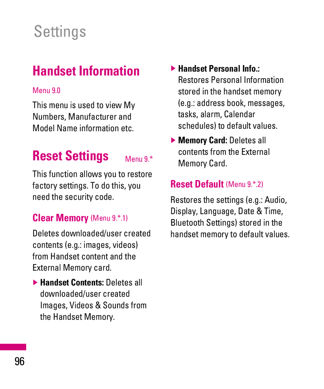LG Electronics TU500F manual Handset Information, Reset Settings Menu, Clear Memory Menu 9.*.1, Reset Default Menu 9.*.2 