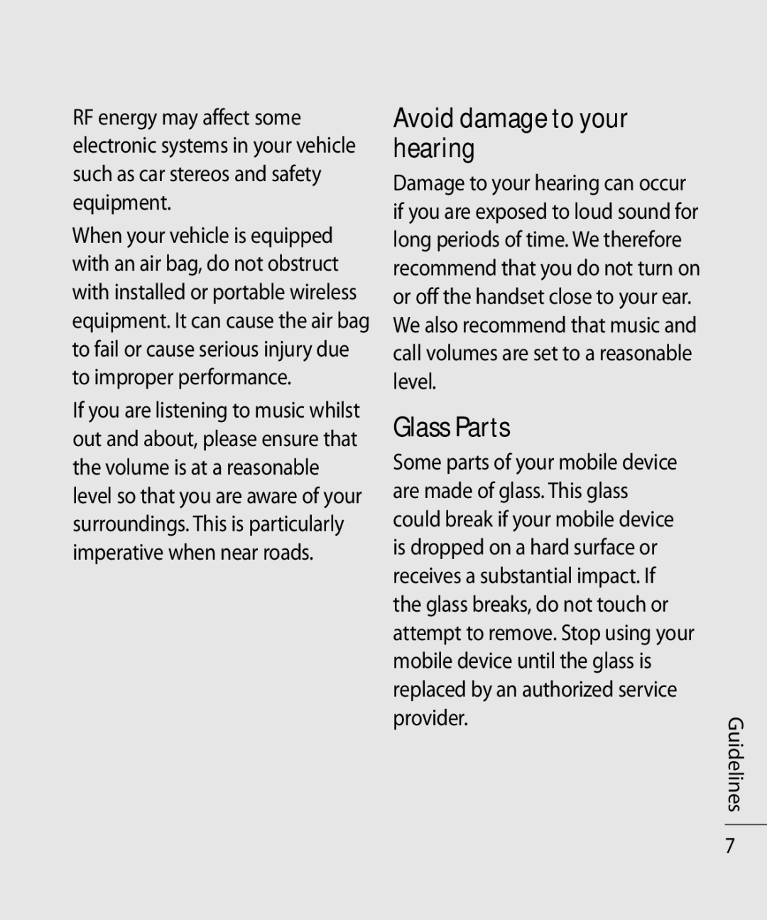 LG Electronics TU750 manual Avoid damage to your hearing, Glass Parts 