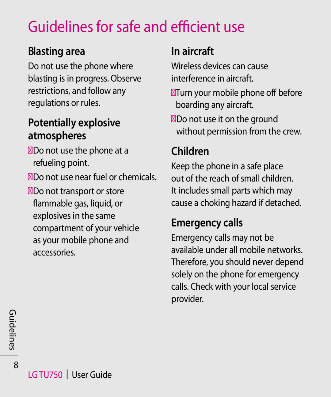 LG Electronics TU750 manual Blasting area, Aircraft, Children, Emergency calls, Potentially explosive atmospheres 