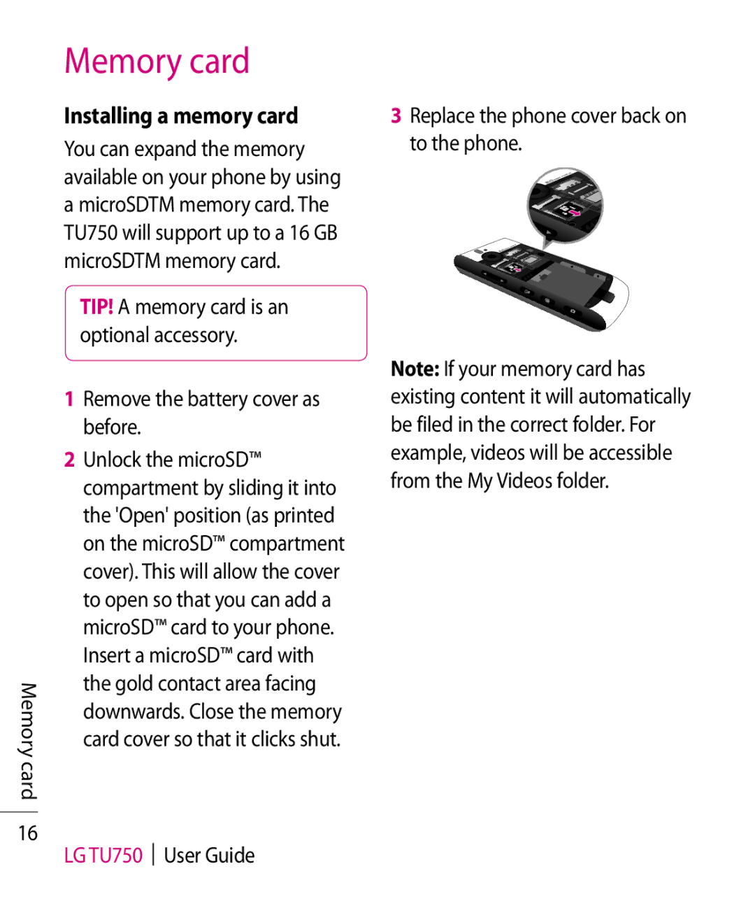 LG Electronics TU750 manual Memory card, Remove the battery cover as before Unlock the microSD 