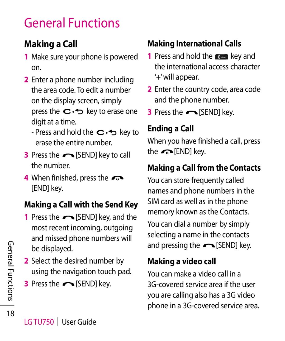 LG Electronics TU750 manual General Functions, Making a Call 