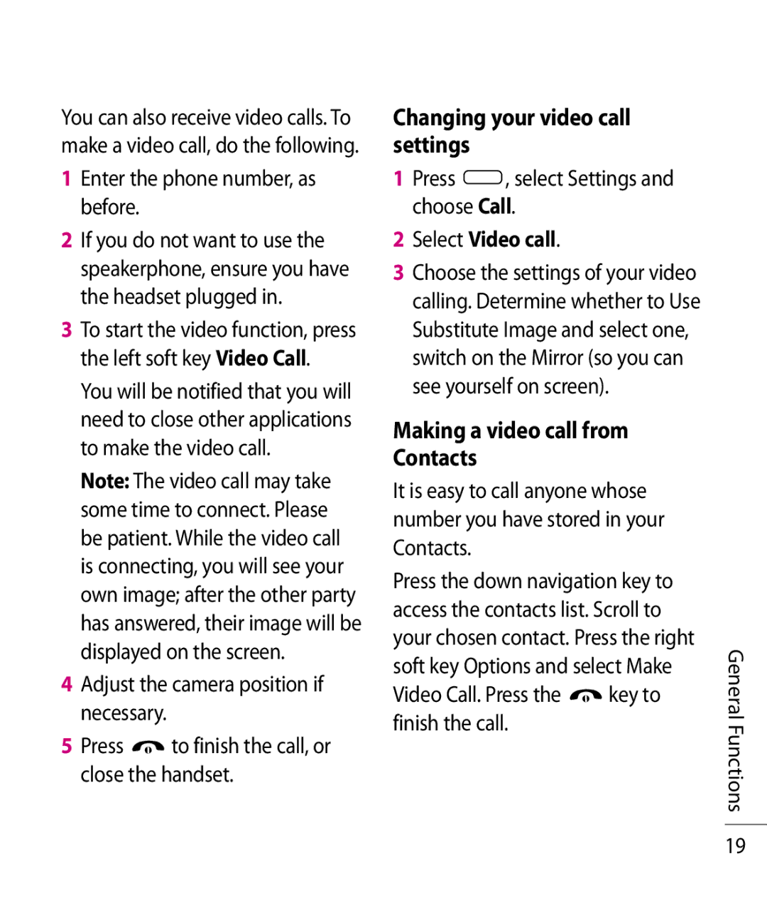 LG Electronics TU750 manual Changing your video call settings, Making a video call from Contacts, Select Video call 