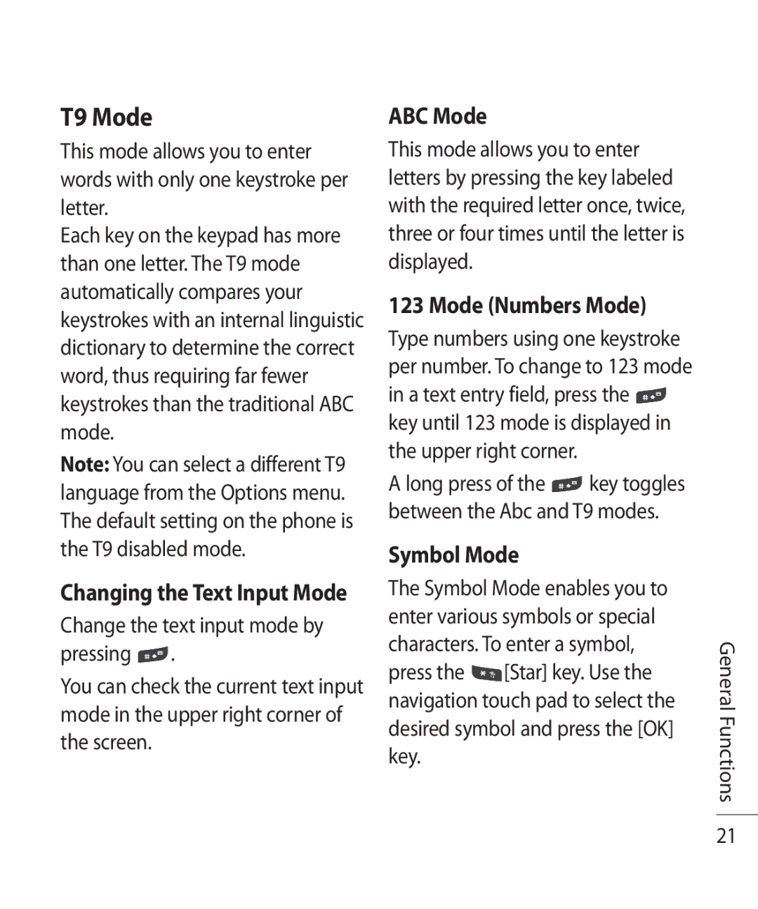 LG Electronics TU750 manual T9 Mode, ABC Mode, Mode Numbers Mode, Symbol Mode 