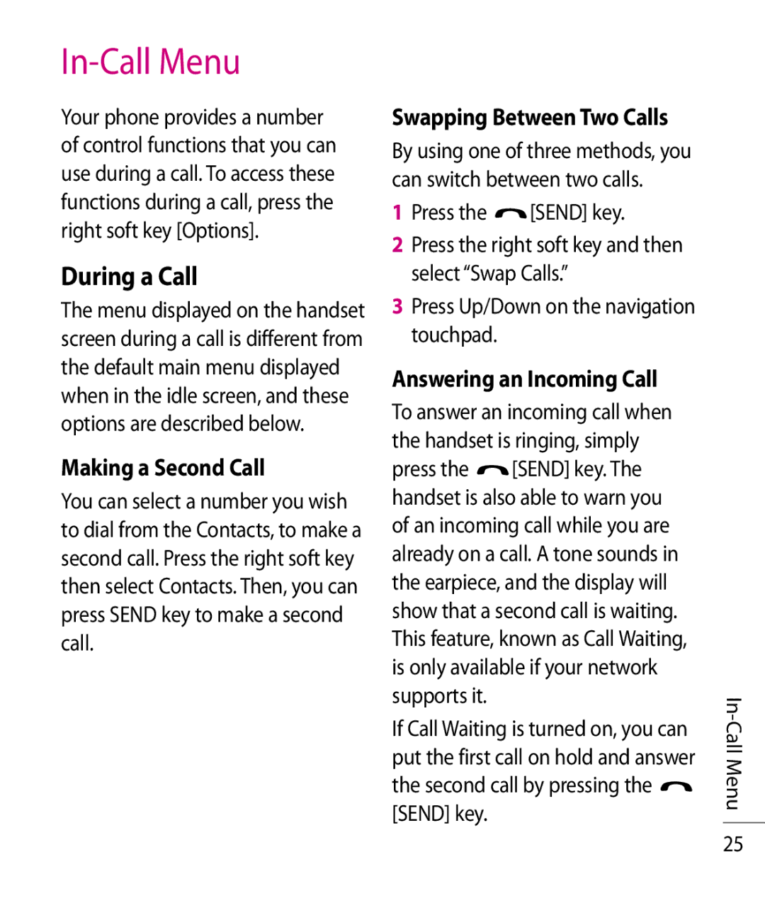 LG Electronics TU750 manual In-Call Menu, During a Call, Making a Second Call, Answering an Incoming Call 