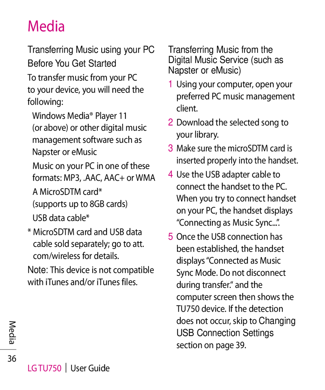 LG Electronics manual USB data cable, Media LG TU750 User Guide 