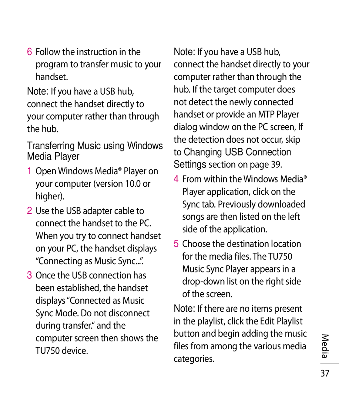 LG Electronics TU750 manual Transferring Music using Windows Media Player, To Changing USB Connection, Settings section on 