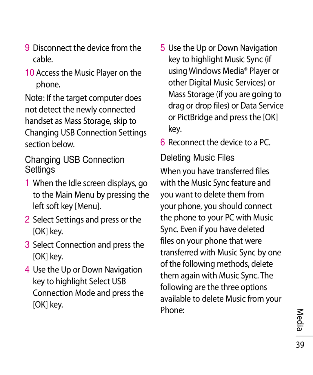 LG Electronics TU750 manual Changing USB Connection Settings, Reconnect the device to a PC, Deleting Music Files 