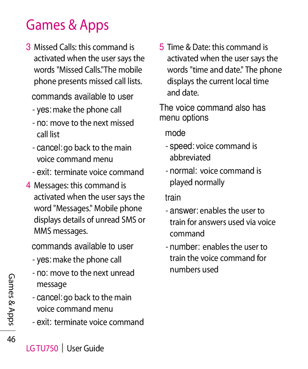 LG Electronics TU750 manual Commands available to user, Voice command also has menu options Mode, Train 