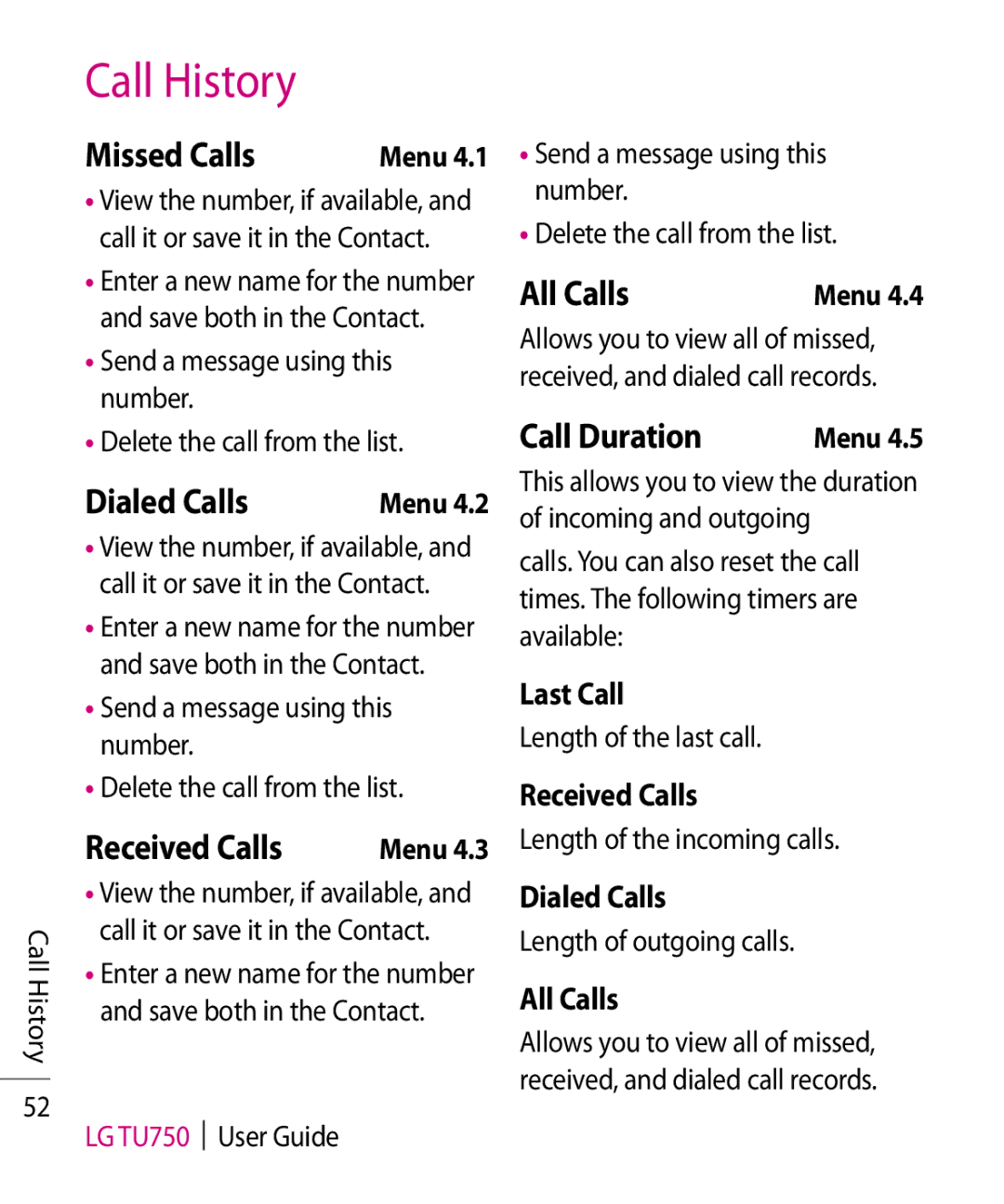 LG Electronics TU750 manual Call History 