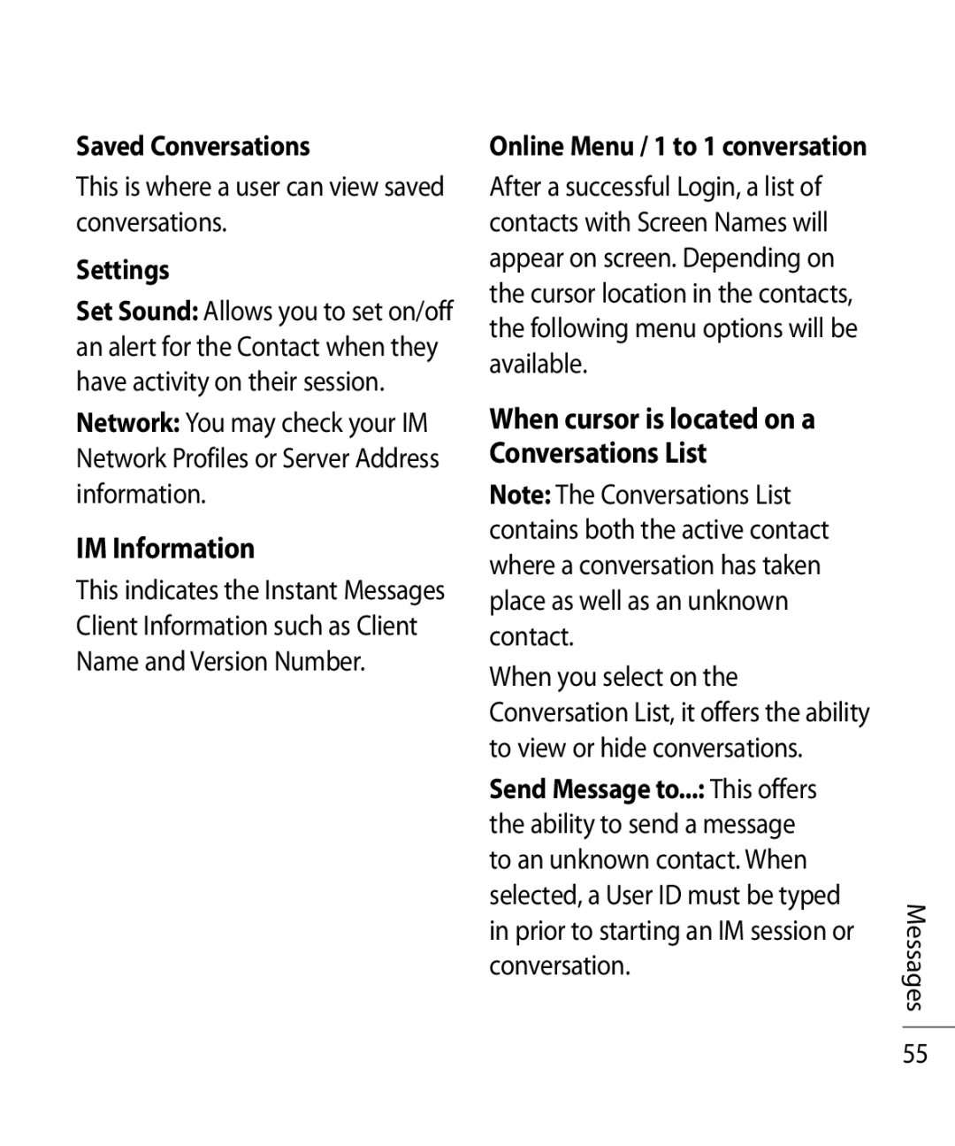 LG Electronics TU750 manual IM Information, Saved Conversations, Settings, When cursor is located on a Conversations List 