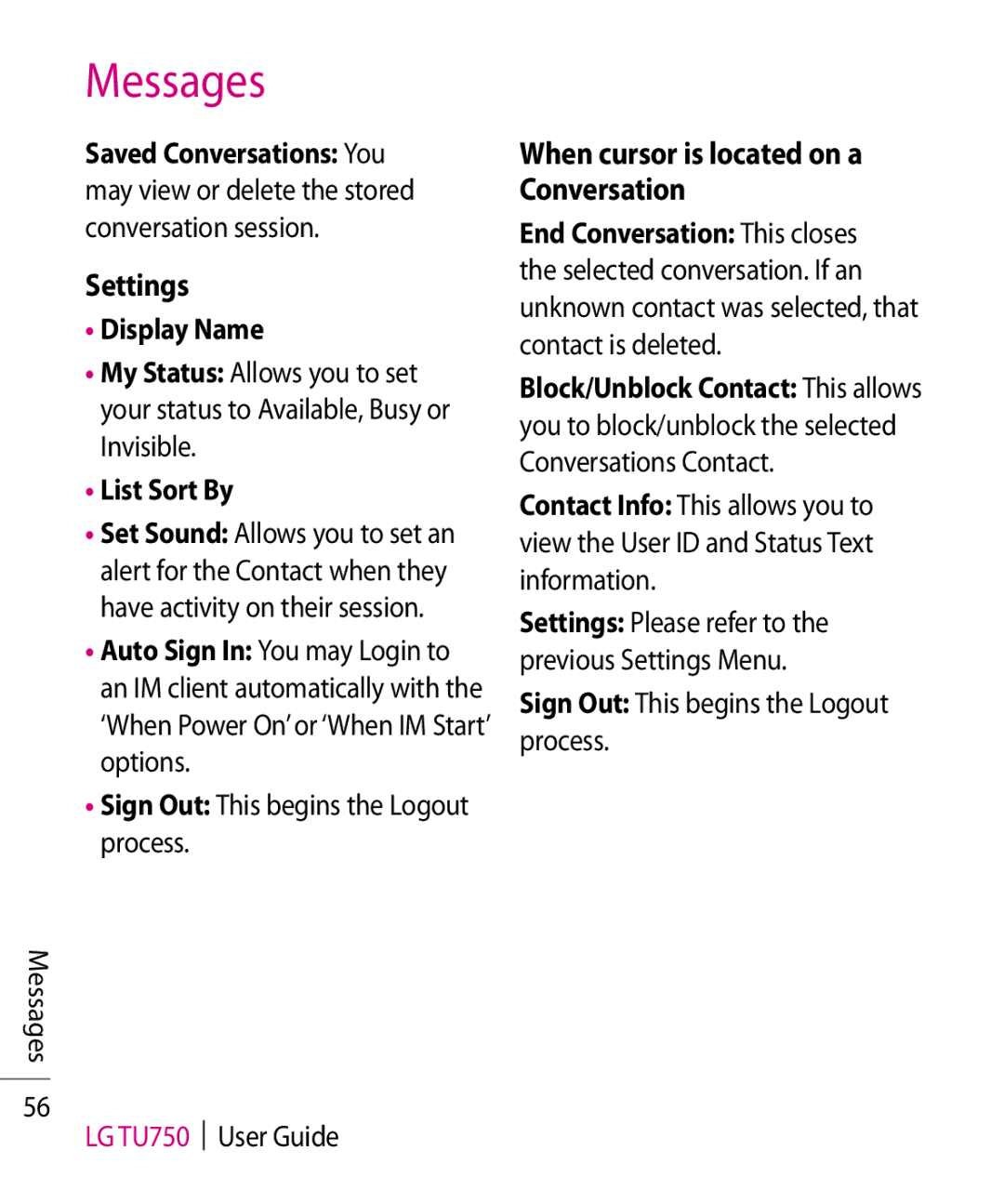 LG Electronics TU750 manual Settings, When cursor is located on a Conversation, Display Name, List Sort By 
