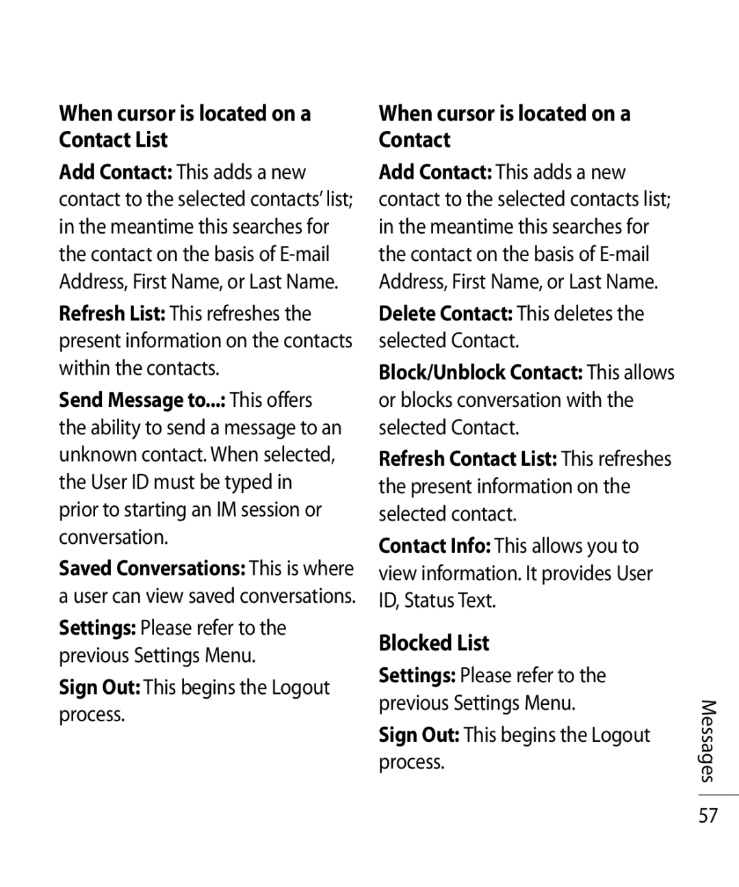 LG Electronics TU750 manual When cursor is located on a Contact List, Blocked List 